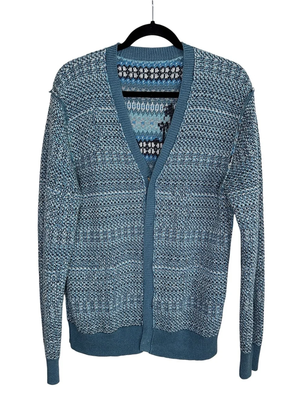 J. CREW Palm Tree Fair Isle Cardigan Blue Linen Cotton Coastal Beach Knit Size M